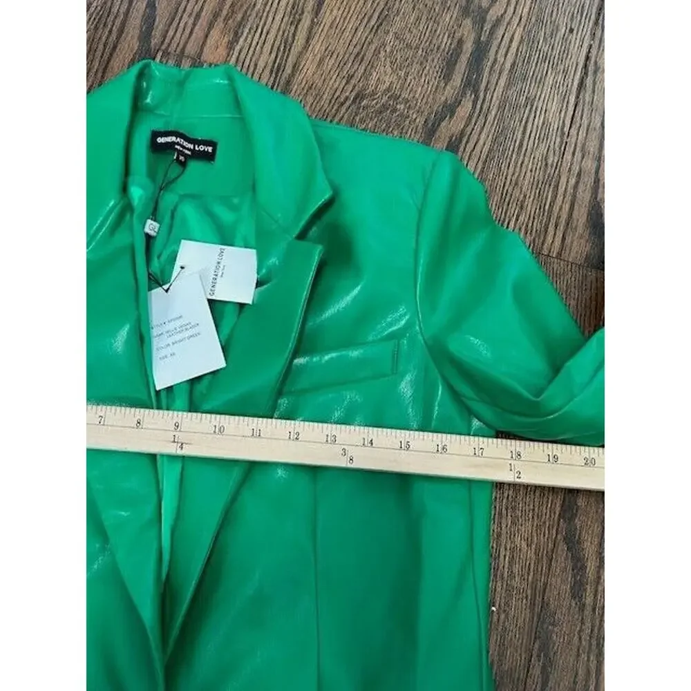 Generation Love Millie Vegan Leather Blazer Ruched Sleeves Notch Lapel Green XS‎